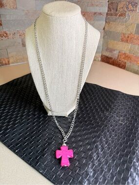 Homemade 26” Silver-toned Chain Necklace with Hot Pink Cross Pendant
